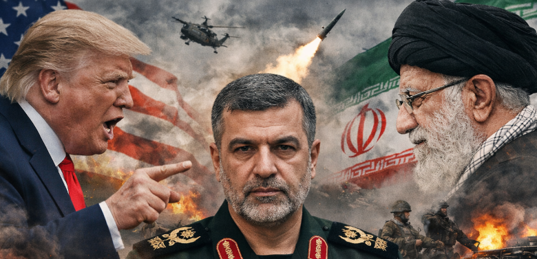 وزير الداخلية الإيراني إسكندر مؤمني يتوسط المرشد الأعلى علي خامنئي والرئيس الأمريكي دونالد ترامب